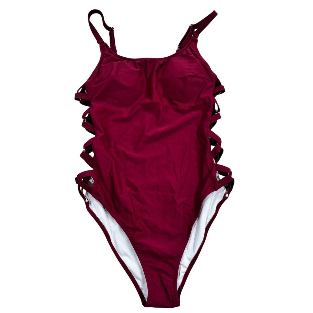 NWT Tempt Me Women Burgundy Lattice Back One Piece Swimsuit Size Medium